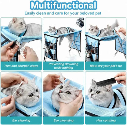 Foldable Pet Grooming Hammock with Stainless Steel Stand – Nail Trimming & Bathing Support for Cats & Small Dogs