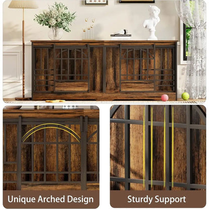 Extra Large 78 Dog Crate for Indoor Use or Two Pets, Sturdy Caging with Divider, Wooden Table TV Stand for XL Dogs in Cognac Bro