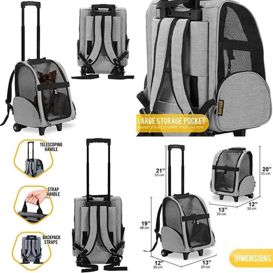 Deluxe Backpack Pet Travel Carrier with Double Wheels for Pets up to 10 Pounds - - Approved by Most Airlines