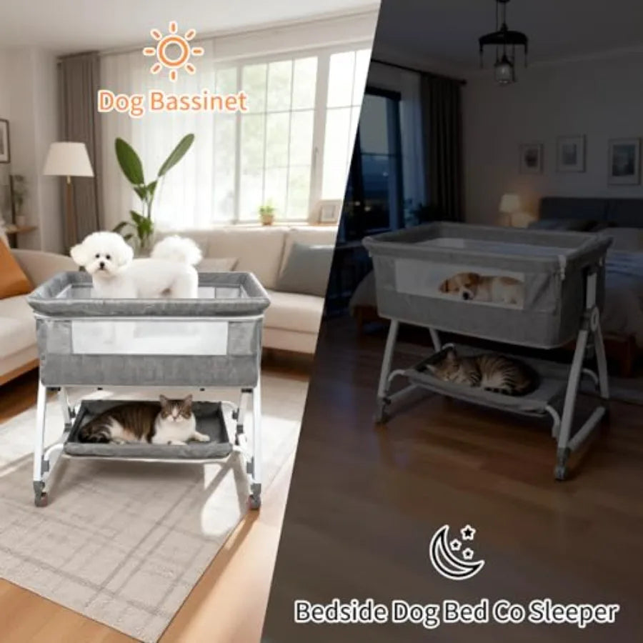 Bedside Dog Bed Sleeper 6-Level Adjustable Pet Bassinet with Lockable Wheels Removable Washable Cover Breathable Mesh Large Sto