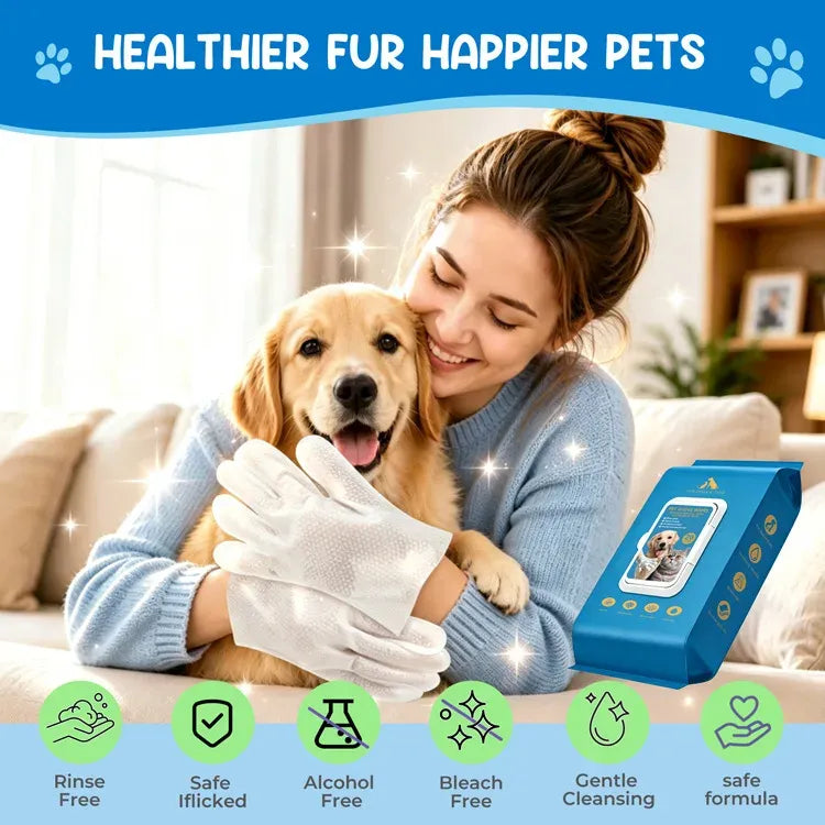 Pet No-Rinse Grooming Gloves – Waterless Cleaning Wipes for Dogs & Cats