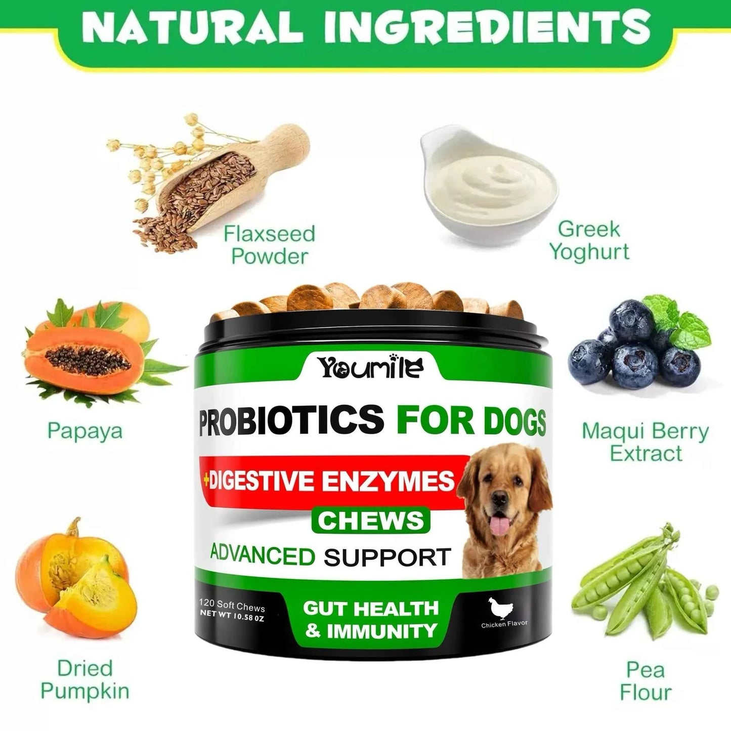 Probiotics for Dogs – 120 Chews Digestive Support for Gut Health & Sensitive Stomach