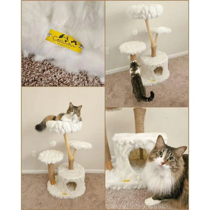Modern Cat Tree Tower, Cloud Cat Tree with Solid Natural Wood Scratching Post, Luxury Condo amp Perches, Aesthetic White Cat Fu