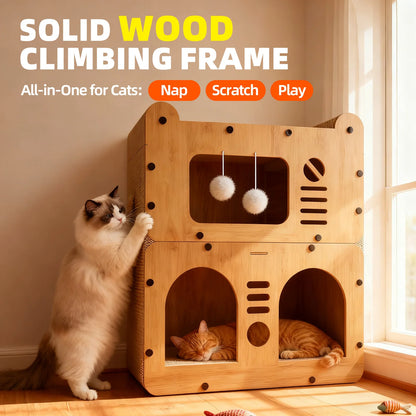 Spacious Cat House for Indoor & Outdoor Use - Multi-Feature Condo with Dual Scratching Boards, Plush Balls, and Ventilation Door