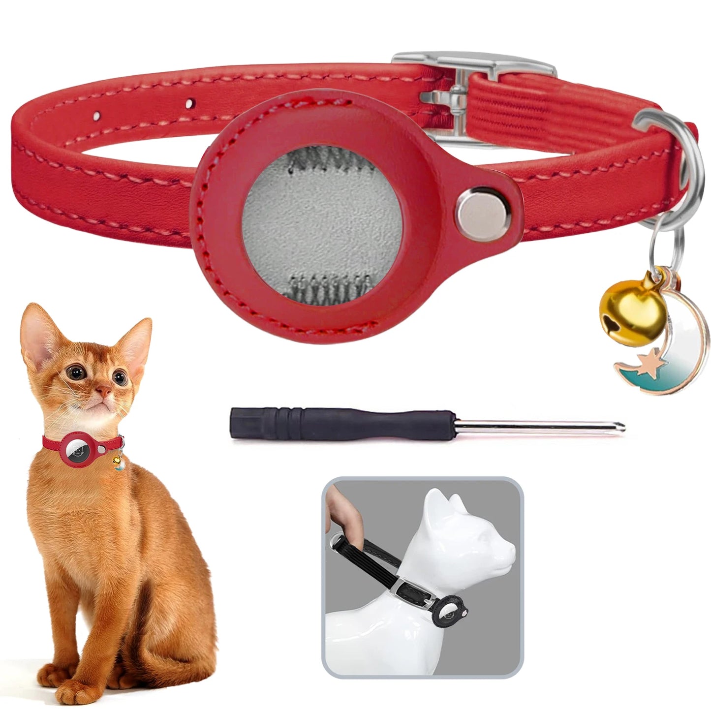 Leather AirTag Cat Collar with Bell -Elastic band Kitten Collar with Apple Air Tag Holder - Pet Collars forCats, Small Dogs