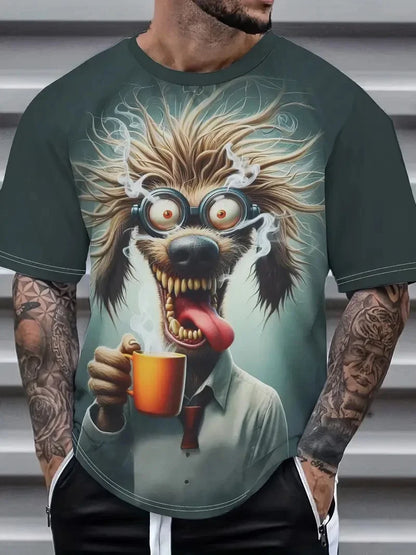 Summer Men's Sport Casual Breathable T-shirt Short Sleeve Cartoon Animal Printed Pattern Large Oversize Loose Men's T-shirt Tops