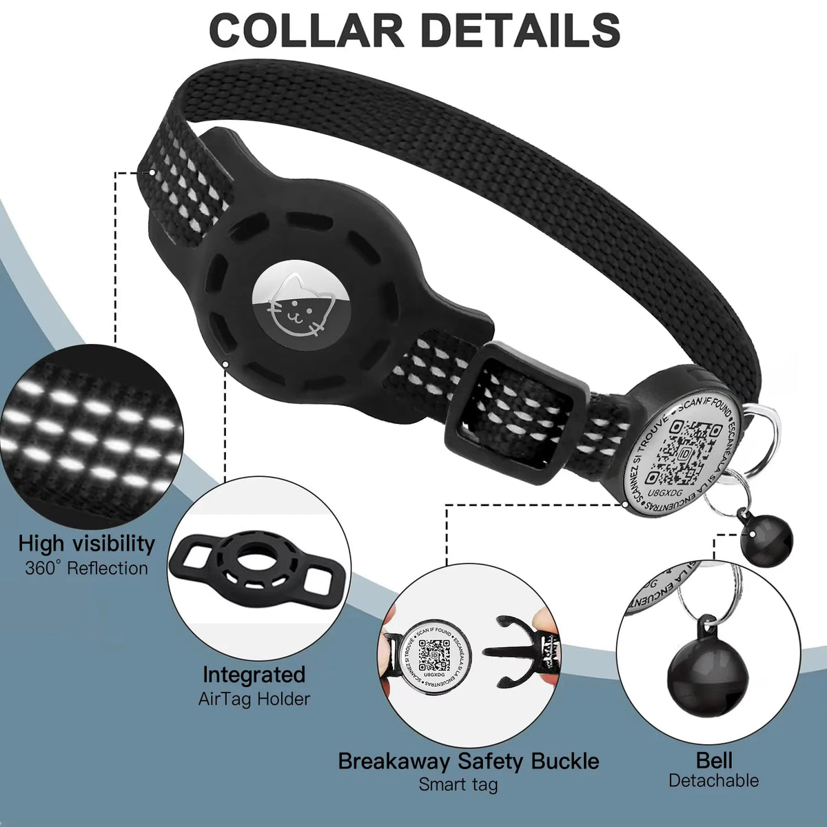 Cat GPS Collar with QR Code & AirTag Case – Reflective Breakaway