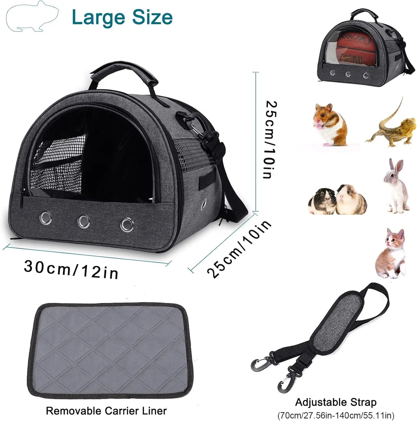Foldable Small Pet Carrier with Water Bottle Holder, Breathable Mesh & Removable Liner for Hamsters, Rabbits (Grey)