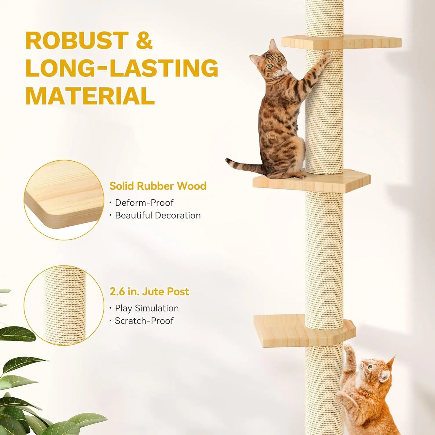 Solid Wood Cat Wall Shelves & Perches, Floor to Ceiling Cat Tower with Scratching Posts, Climbing Furniture for Large Cats