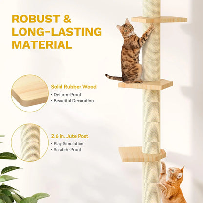 Solid Wood Cat Wall Shelves & Perches, Floor to Ceiling Cat Tower with Scratching Posts, Climbing Furniture for Large Cats