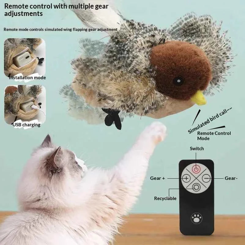 Rechargeable Electric Simulation Bird Cat Toy Fluffy Shaking Bird with Sound Automatic Play for Cats Interactive Pet Toy