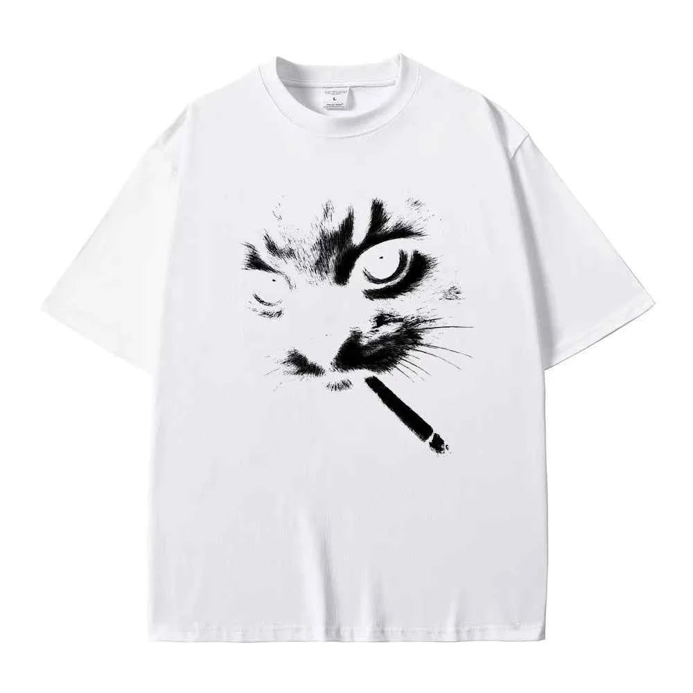 Funny Meme Smoking Cat Face Graphic T-shirts Men Women Casual Cotton Vintage T Shirts Men's Oversized T-shirts Cats Lovers Gifts