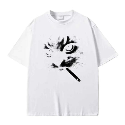 Funny Meme Smoking Cat Face Graphic T-shirts Men Women Casual Cotton Vintage T Shirts Men's Oversized T-shirts Cats Lovers Gifts