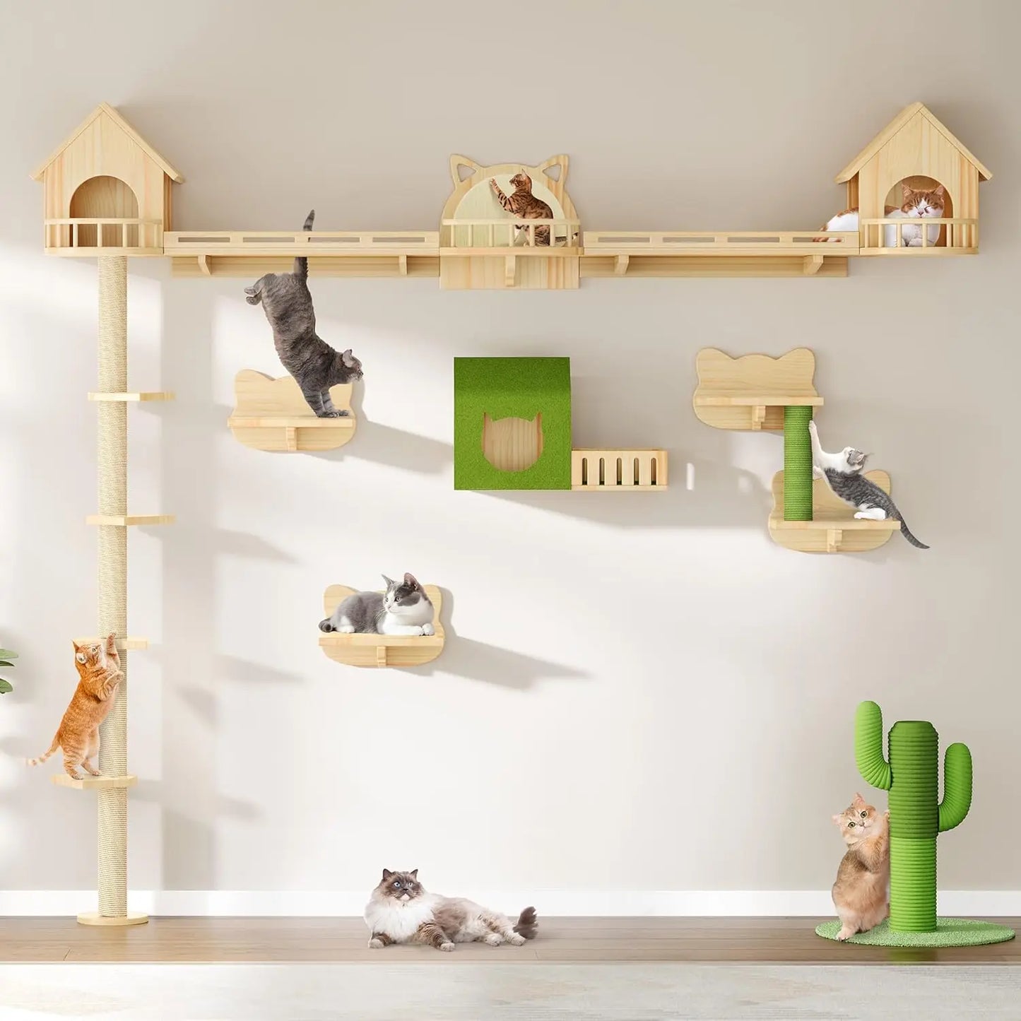 Solid Wood Cat Wall Shelves & Perches, Floor to Ceiling Cat Tower with Scratching Posts, Climbing Furniture for Large Cats