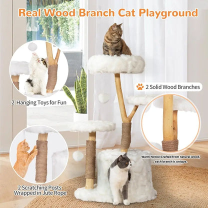 Modern Cat Tree Tower, Cloud Cat Tree with Solid Natural Wood Scratching Post, Luxury Condo amp Perches, Aesthetic White Cat Fu