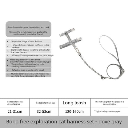 Adjustable H-Style Cat Harness Set, 38g Lightweight Escape Proof Breathable Kitten, Reflective & 120-160cm Leash