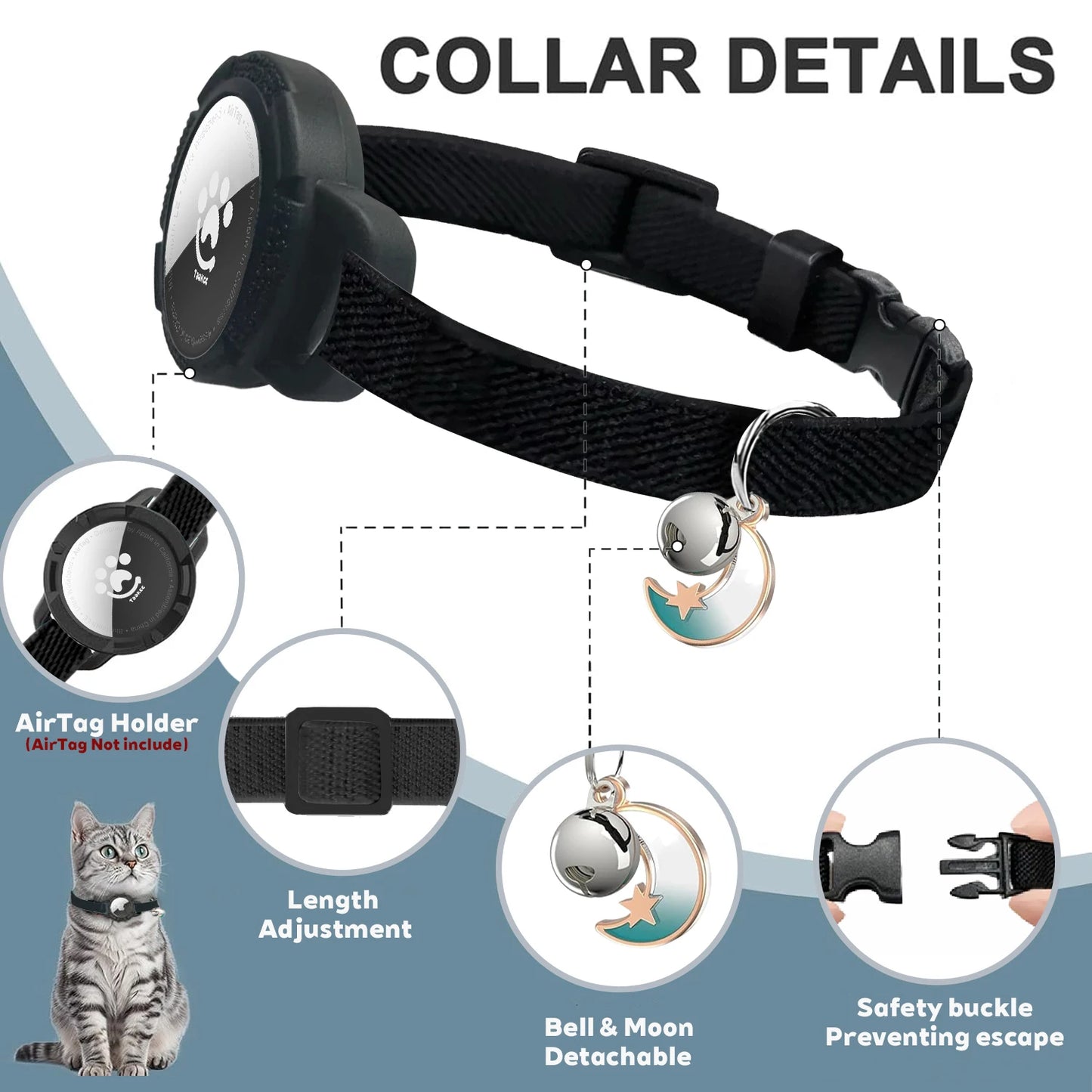 Elastic Safe AirTag Cat Collar, Anti-lost Pet Collar with Bell & GPS Tracking Holder Case for Cats Puppies（Airtag not included）
