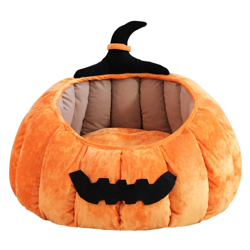 Halloween Pumpkin Cat Bed – Cozy Plush Pet Cave for Cats & Small Dogs