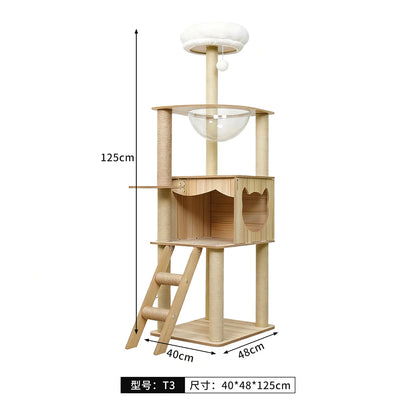 Solid Wood Cat Tree, Floor-to-Ceiling Pet Tower with Cat Jumping Platform & Scratching Post