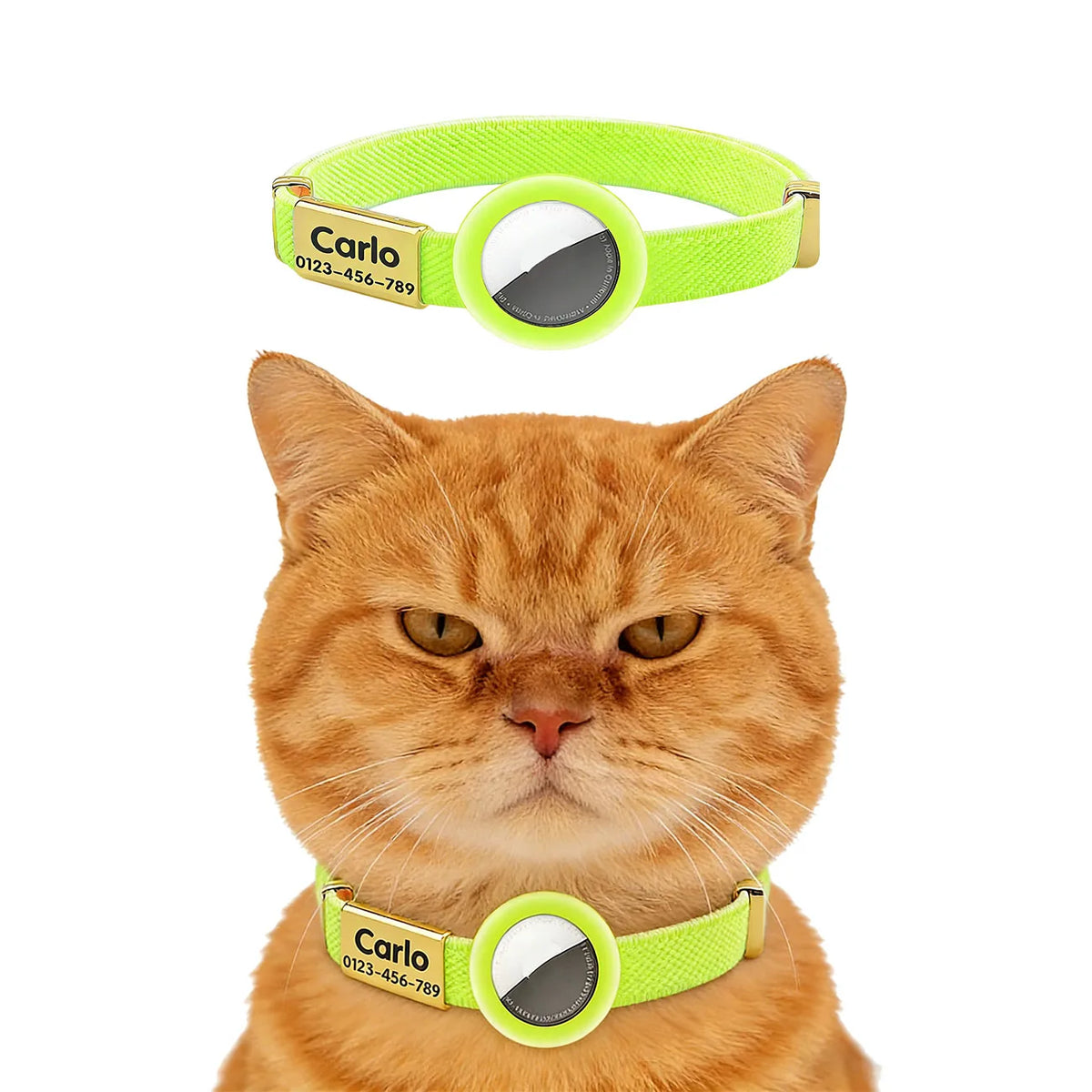 Fluorescent Green Cat Collar Customized Pet ID Puppies Necklace Elastic GPS Tracker Adjustable Kitten Collar with AirTag Holder