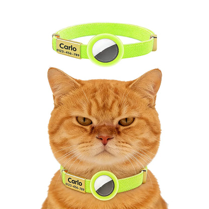 Fluorescent Green Cat Collar Customized Pet ID Puppies Necklace Elastic GPS Tracker Adjustable Kitten Collar with AirTag Holder