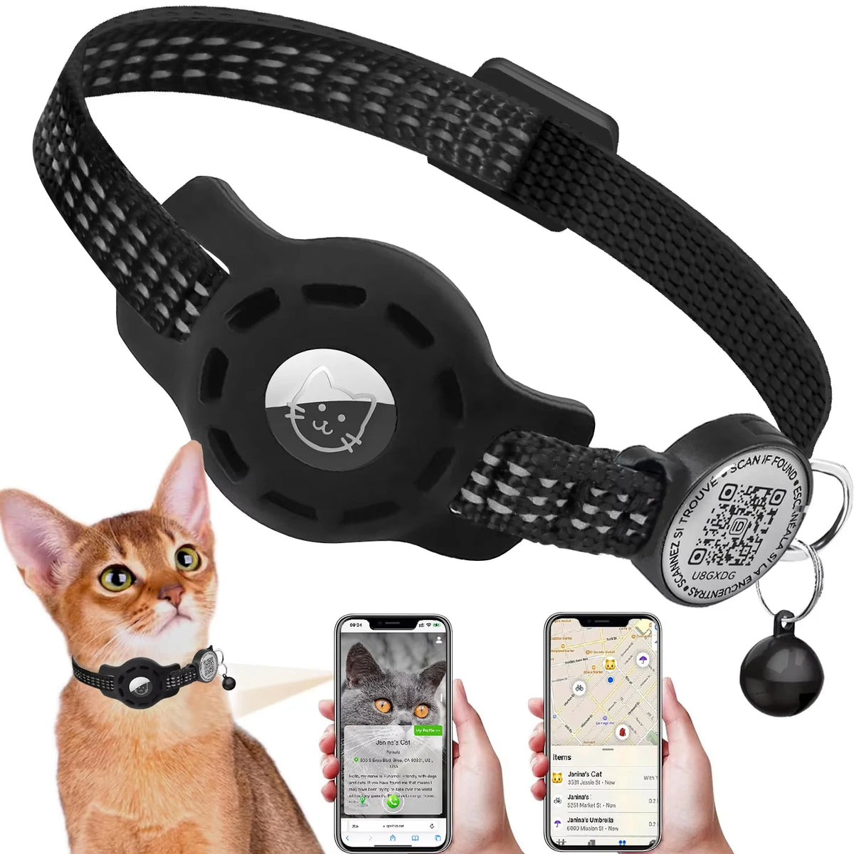 Cat GPS Collar with QR Code & AirTag Case – Reflective Breakaway