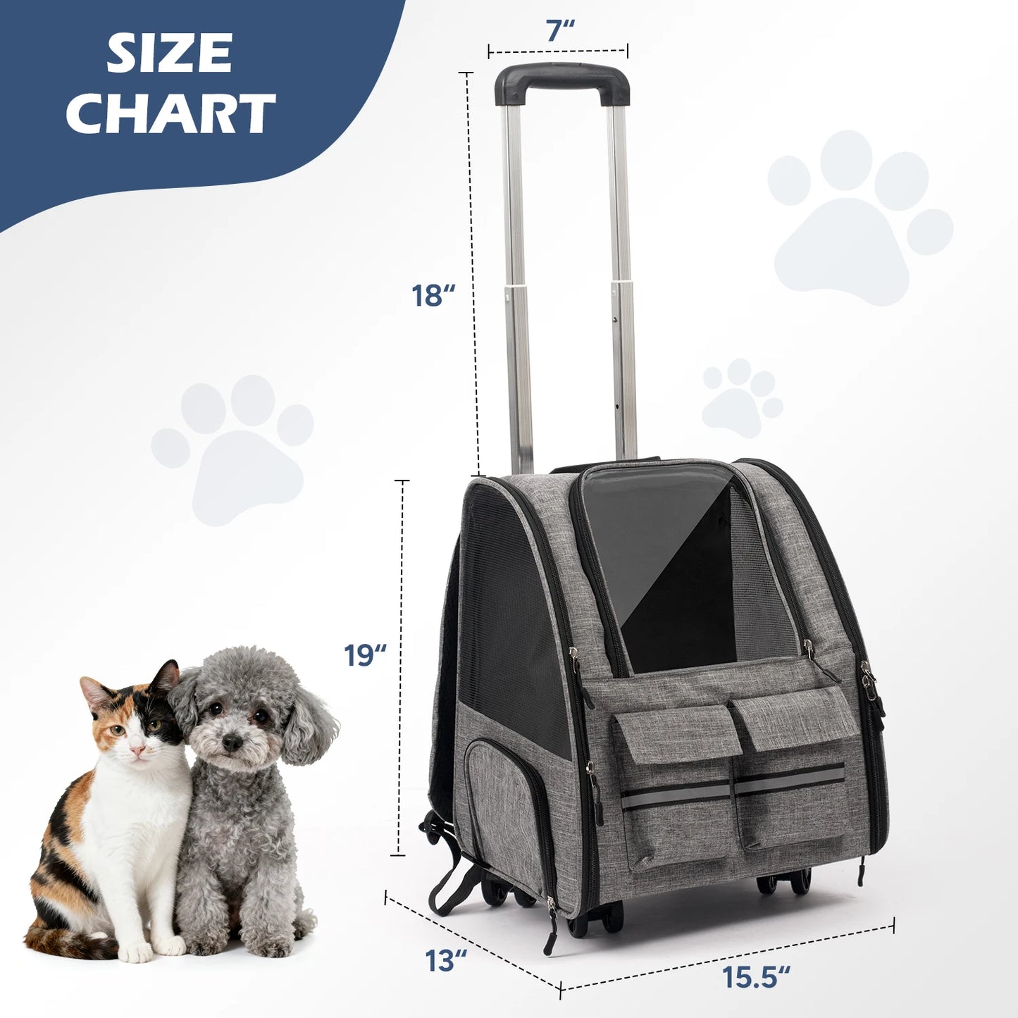 Rolling Pet Carrier with Wheels - Large Foldable Dog Carrier Backpack with Removable Wheels for Easy Travel