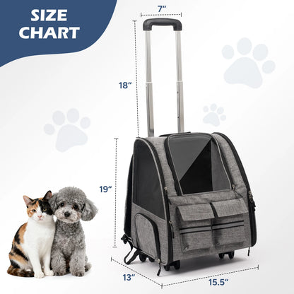 Rolling Pet Carrier with Wheels - Large Foldable Dog Carrier Backpack with Removable Wheels for Easy Travel