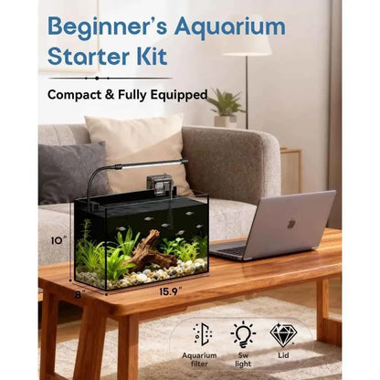 5-Gallon Glass Aquarium Starter Kit – LED Light, Filter & Lid for Betta, Shrimp & Small Fish