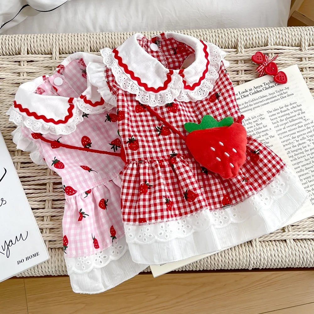 Elfidog Strawberry Dog Dress – Cute Summer Cotton Outfit for Small Dogs