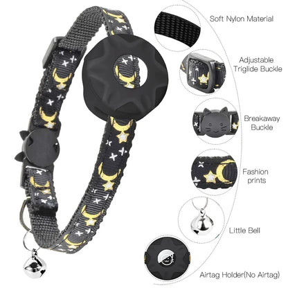For Apple Tag Cat Collar, Reflective Kitten Collar with Airtag Case Holder and Bell for Girl Boy Cats ,Safe Breakaway Necklace
