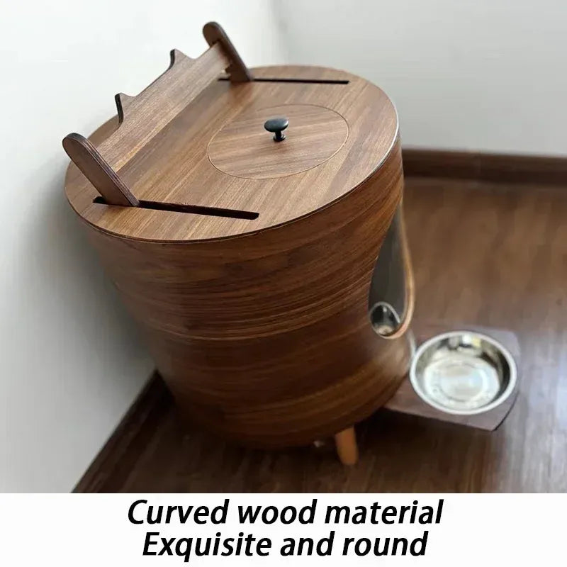 Wooden Automatic Dog Food Dispenser – 3L Capacity with Push-Pull Feeding Bowl & Food Level Window