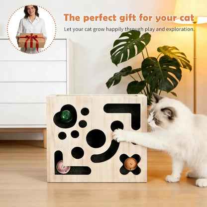 Cat Nail File Enrichment Box – Wooden Puzzle Scratcher with Claw Care, Wand & 3 Balls