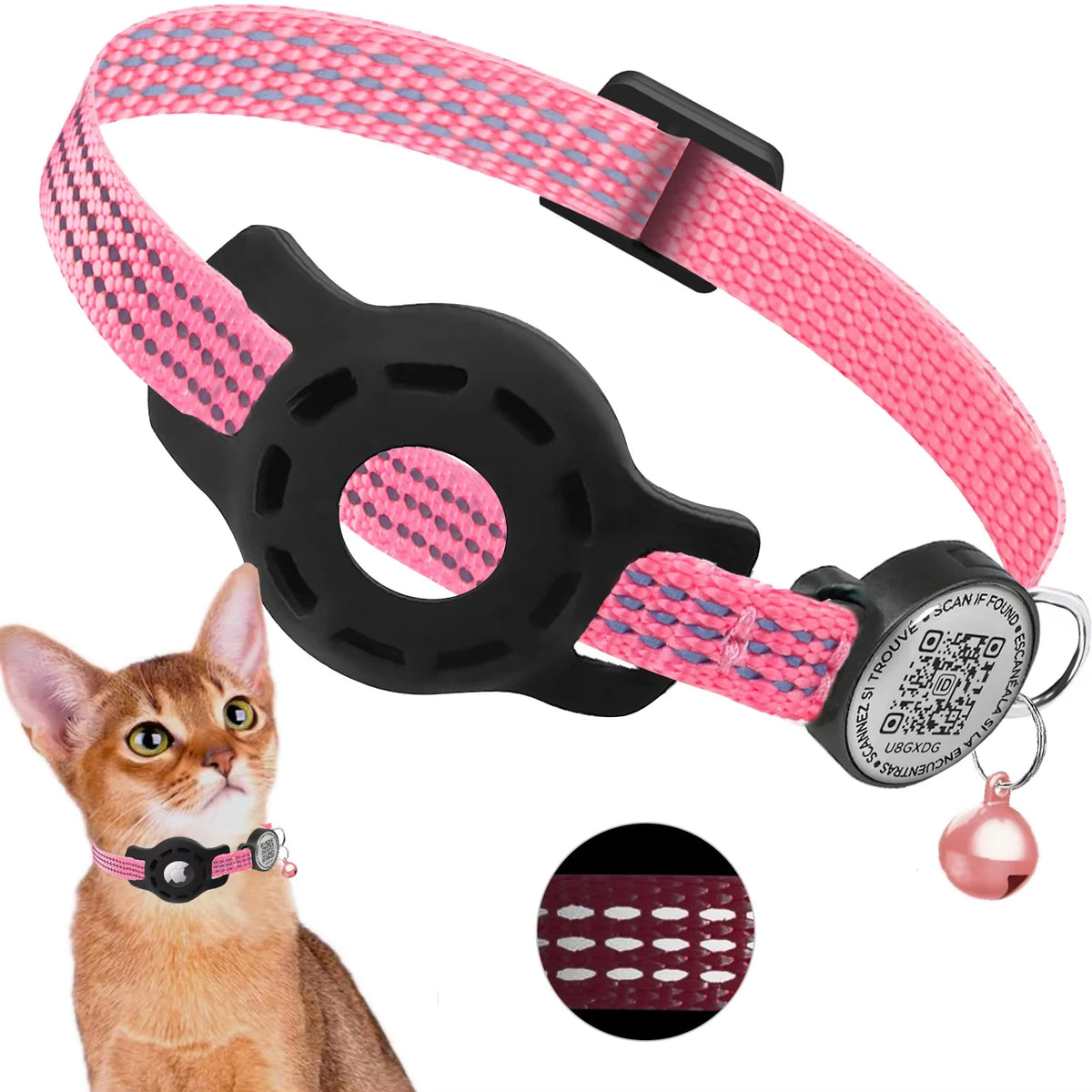 Cat GPS Collar with QR Code & AirTag Case – Reflective Breakaway