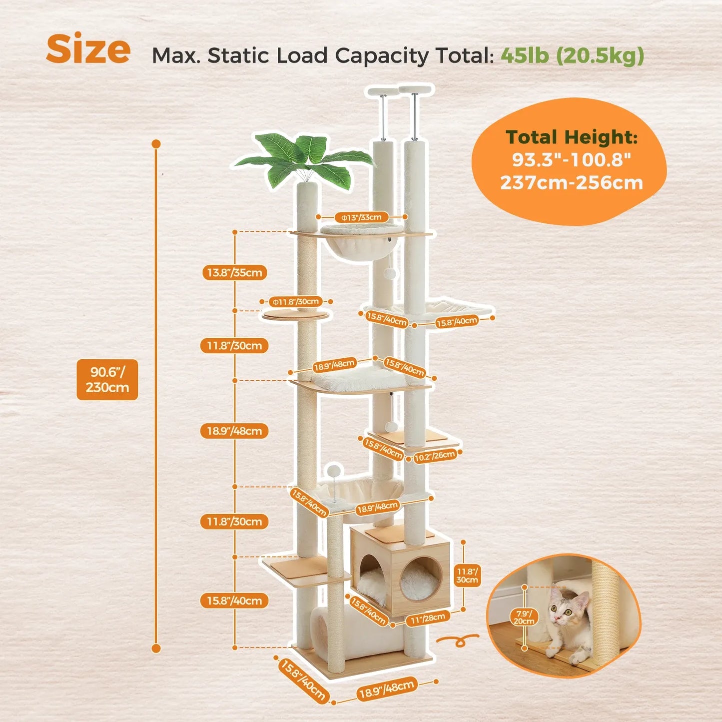 Floor-to-Ceiling Cat Tree – 7-Level Wooden Cat Tower with Hammocks, Condo & Sisal Scratching Posts