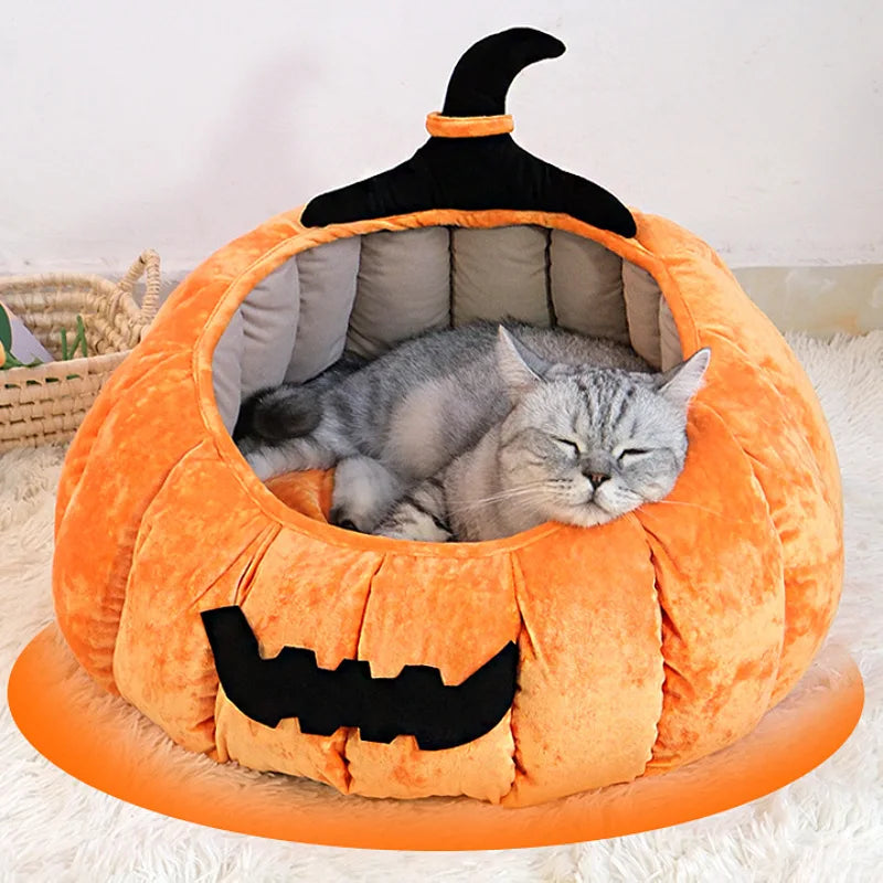 Halloween Pumpkin Cat Bed – Cozy Plush Pet Cave for Cats & Small Dogs