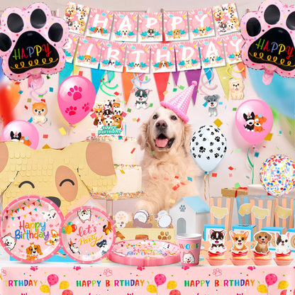 161-Piece Puppy Birthday Party Decorations & Pink Dog Tableware Set