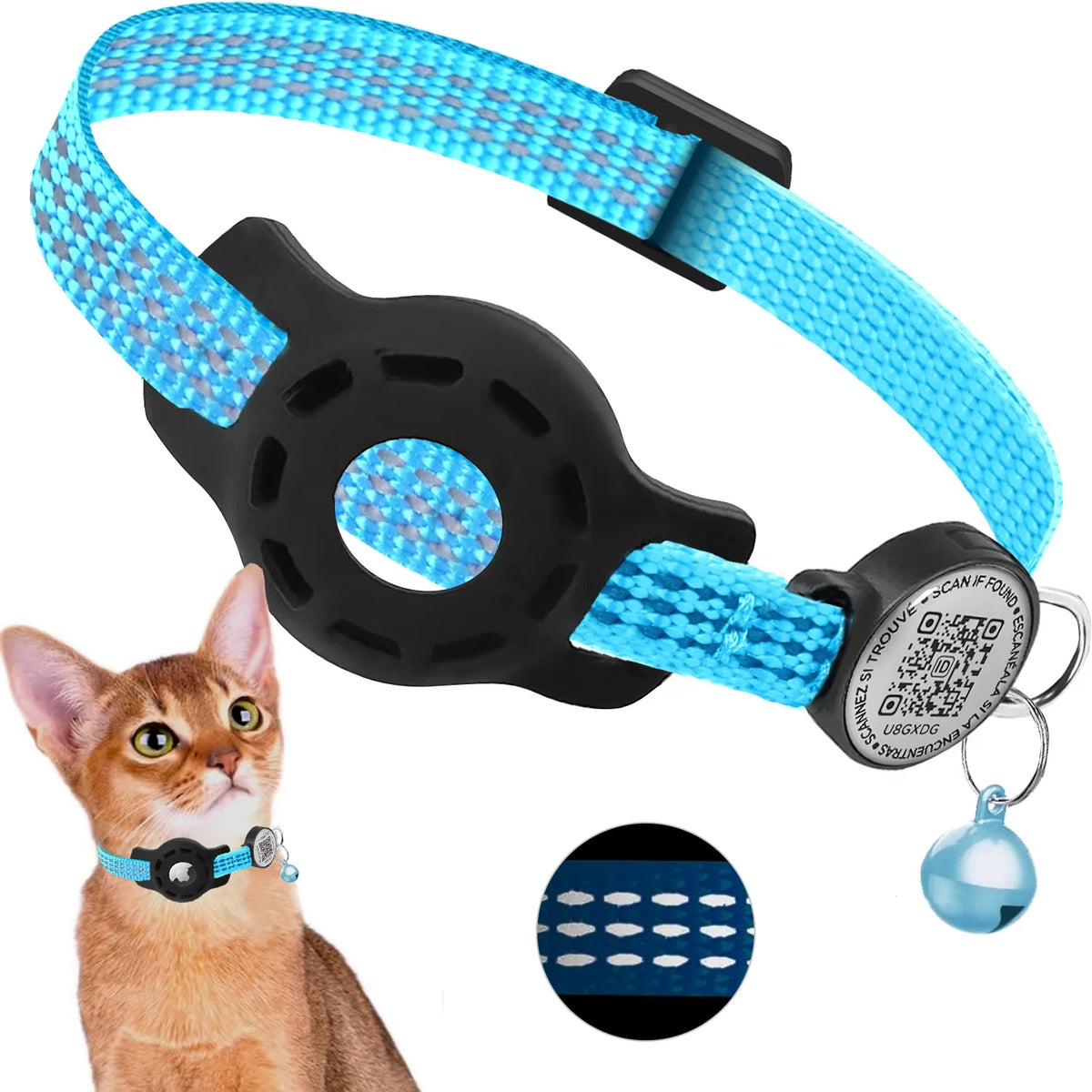 Cat GPS Collar with QR Code & AirTag Case – Reflective Breakaway