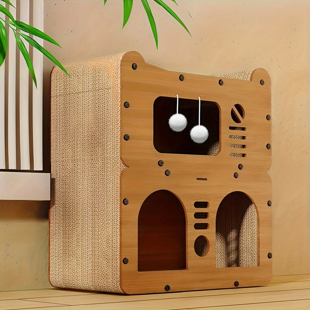 Spacious Cat House for Indoor & Outdoor Use - Multi-Feature Condo with Dual Scratching Boards, Plush Balls, and Ventilation Door