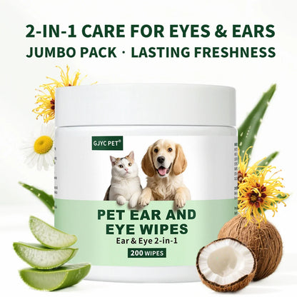 Pet Wipes for Dogs & Cats Eye & Ear 2 in 1 Gentle Non-irritating Grooming Wipes Deep Cleansing Soothing for Sensitive Pet Skin