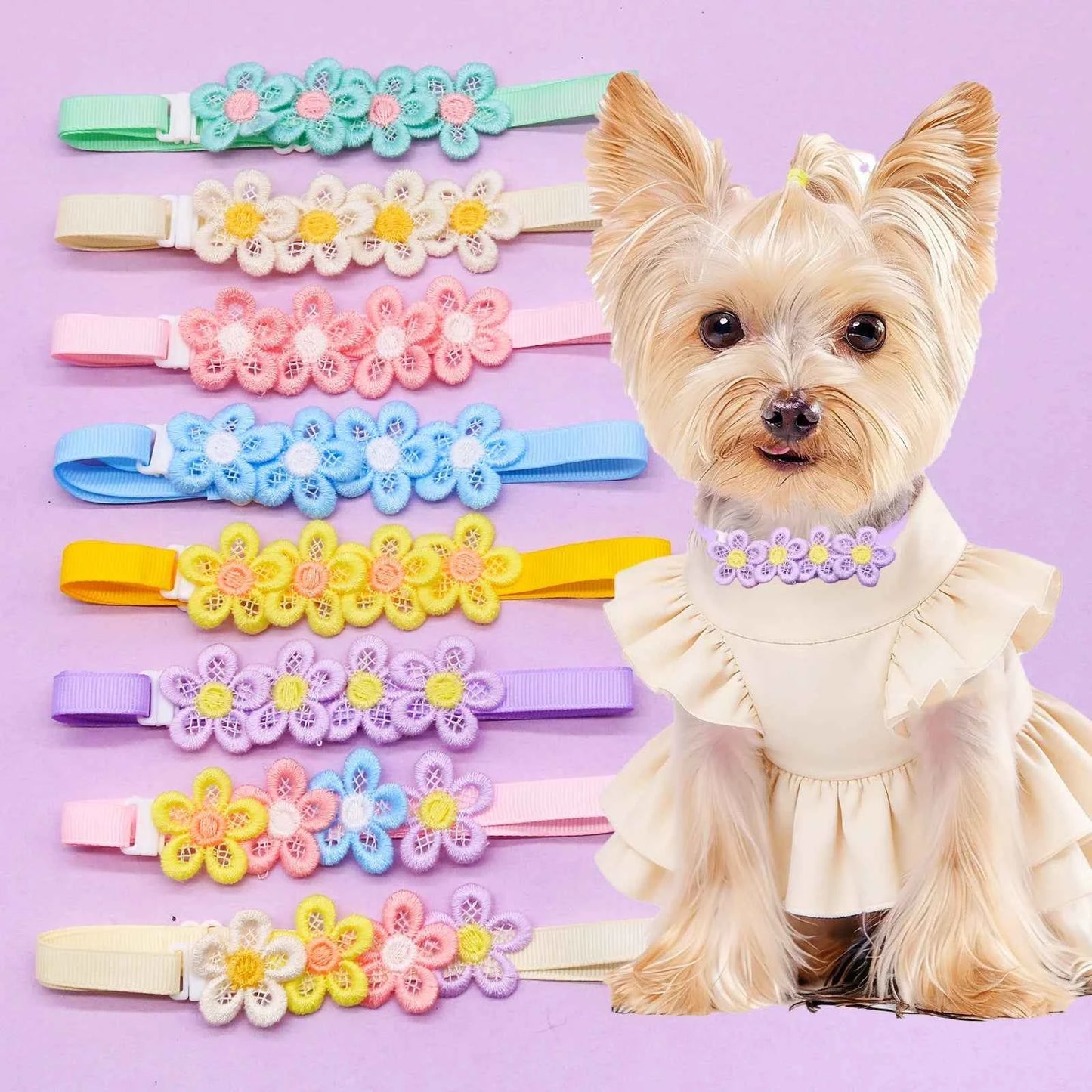 50PCS Cute Flower Pet Bow Tie Collars for Dogs & Cats – Colorful Puppy Necklaces