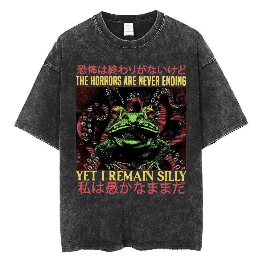 The Horrors Are Never Ending Yet I Remain Silly T-shirt Funny Japanese Style Frog Retro Washed T Shirt Men's Oversized Tees Tops