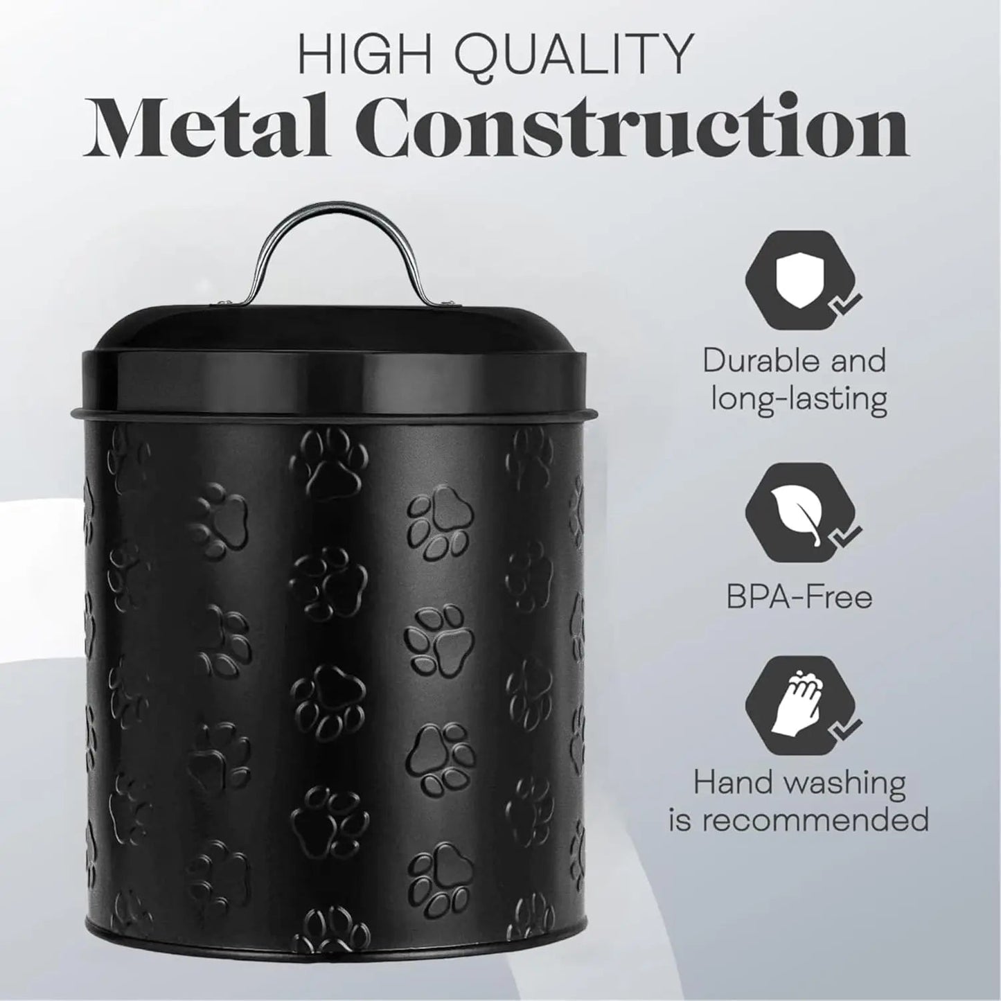 Amici Pet Puppy Paws Black Metal Canister with Embossed Paw Design - Large 140 oz Airtight Food Storage Jar for Wet or Dry Pe - Needora