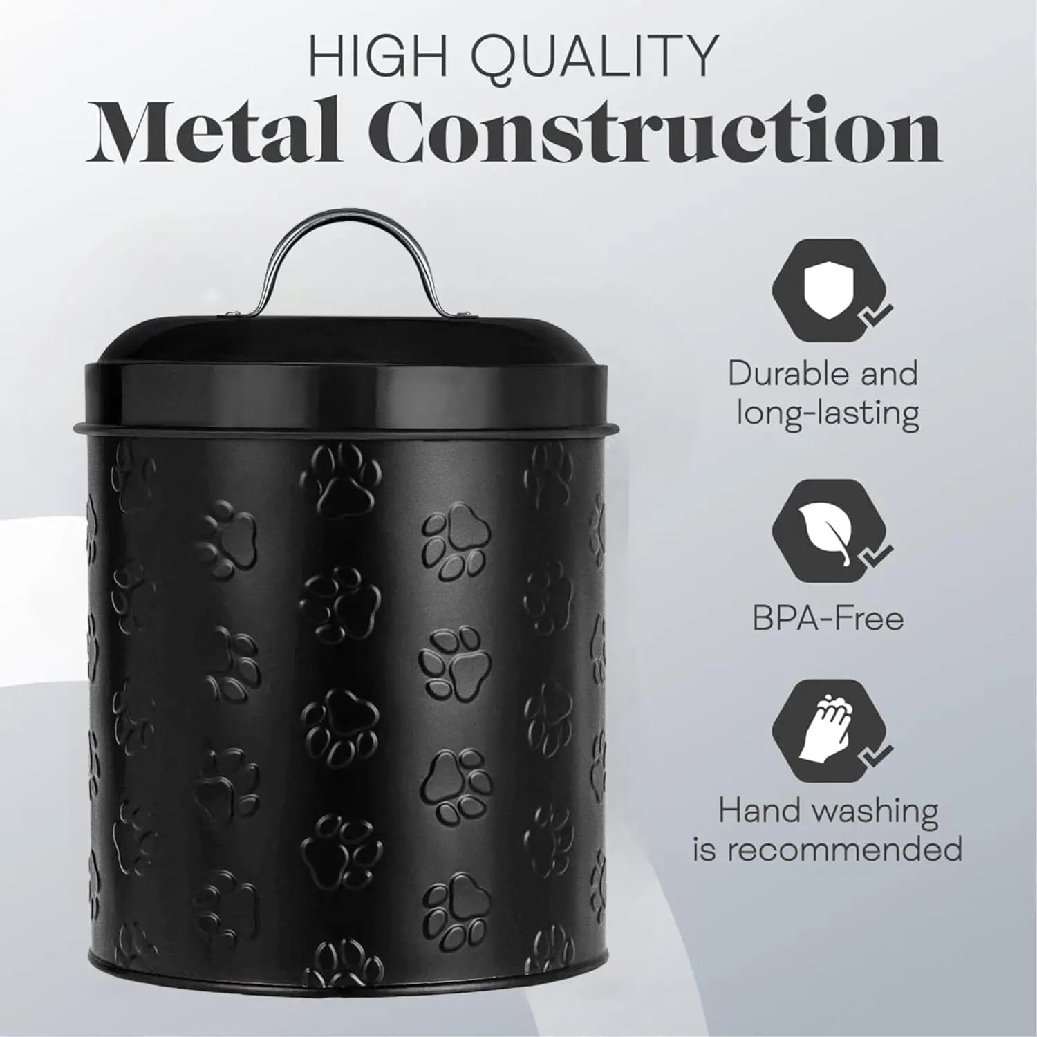 Amici Pet Puppy Paws Black Metal Canister with Embossed Paw Design - Large 140 oz Airtight Food Storage Jar for Wet or Dry Pe - Needora