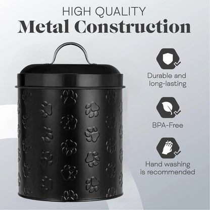 Amici Pet Puppy Paws Black Metal Canister with Embossed Paw Design - Large 140 oz Airtight Food Storage Jar for Wet or Dry Pe - Needora