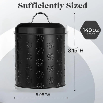 Amici Pet Puppy Paws Black Metal Canister with Embossed Paw Design - Large 140 oz Airtight Food Storage Jar for Wet or Dry Pe - Needora