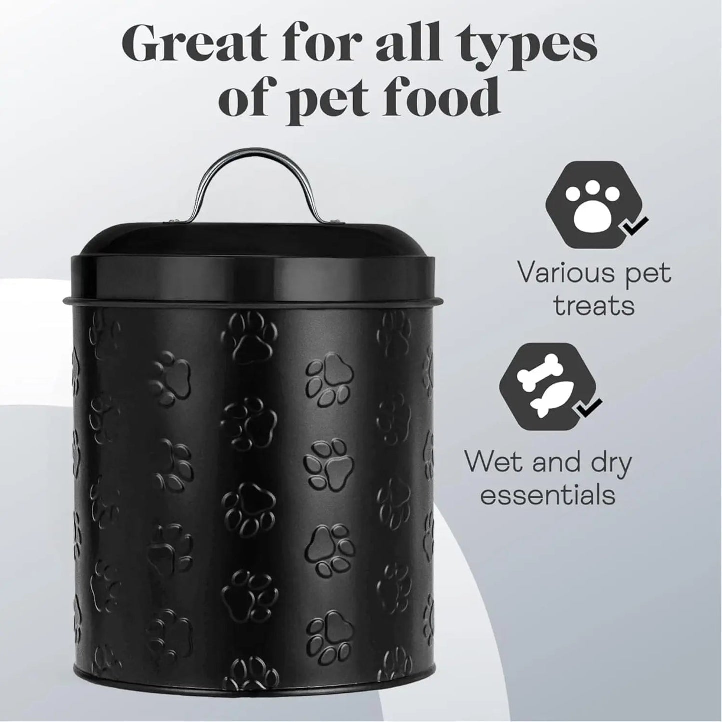 Amici Pet Puppy Paws Black Metal Canister with Embossed Paw Design - Large 140 oz Airtight Food Storage Jar for Wet or Dry Pe - Needora
