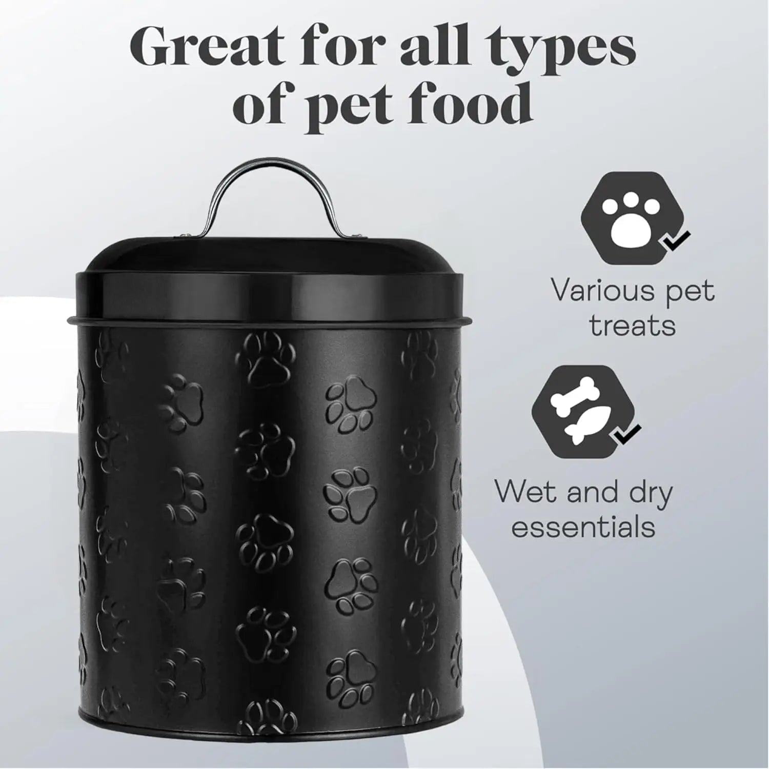 Amici Pet Puppy Paws Black Metal Canister with Embossed Paw Design - Large 140 oz Airtight Food Storage Jar for Wet or Dry Pe - Needora