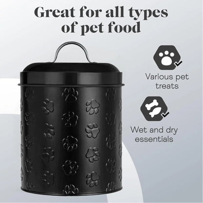 Amici Pet Puppy Paws Black Metal Canister with Embossed Paw Design - Large 140 oz Airtight Food Storage Jar for Wet or Dry Pe - Needora