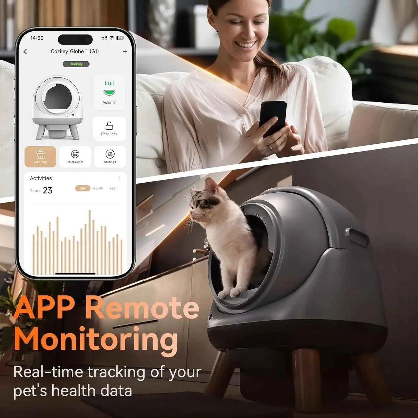 Automatic Self Cleaning Litter Box, Smart App Health Monitor, Multi Cat XL, 65L Grey, Custom - Needora